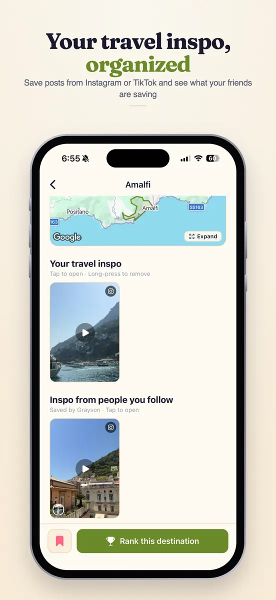 A desti city page for Amalfi showing saved Instagram and TikTok posts under Your travel inspo